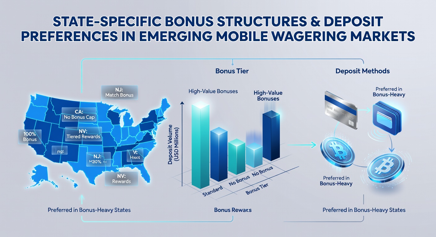 Mobile wagering app interface showing bonus offers and deposit options across different state regulations