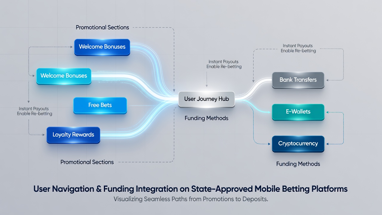 Mobile betting app interface displaying promotional sections and navigation paths to funding options